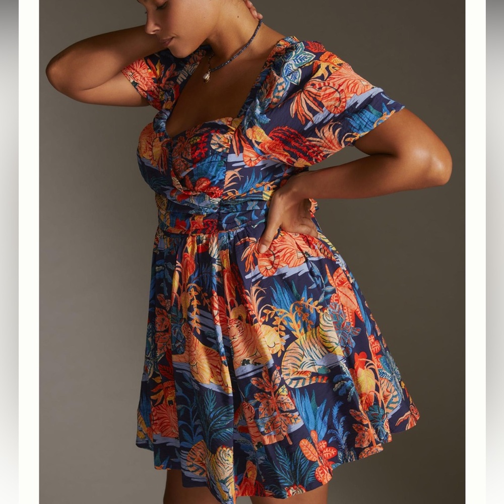 Anthropologie 2X Tiger Print Sweetheart Puff Sleeve Mini Dress EUC - Picture 6 of 9